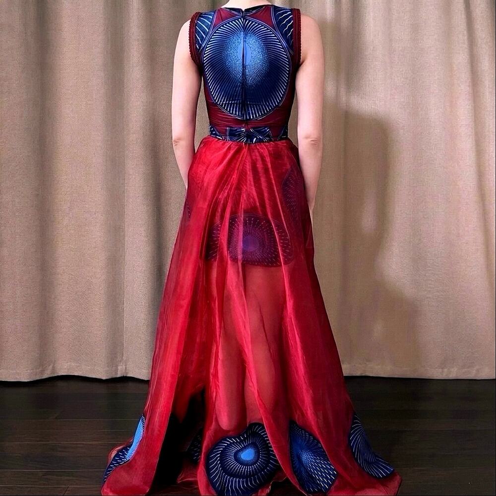 Handmade Avant-Garde Sculptural Gown, Sheer Skirt & Peacock Feather Medallions - Picture 2 of 3